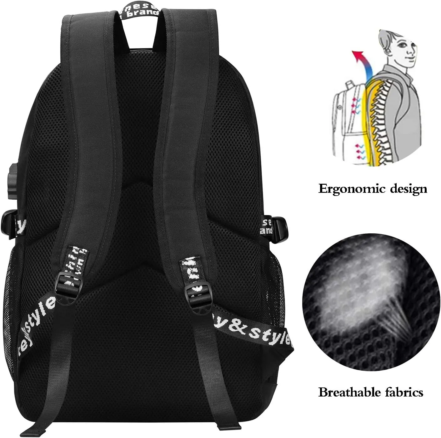 School Backpack for Boys, Cartoon Luminous Bookbag 15.6inch Laptop Bag with USB Charging Port - Music Black