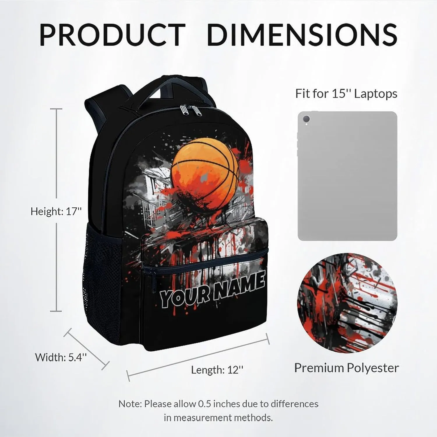 School Backpack for Boys - Custom Basketball Bookbag - Lightweight Durable Large Capacity - 17 Inch Black Kid Backpack for School, Travel and Camp