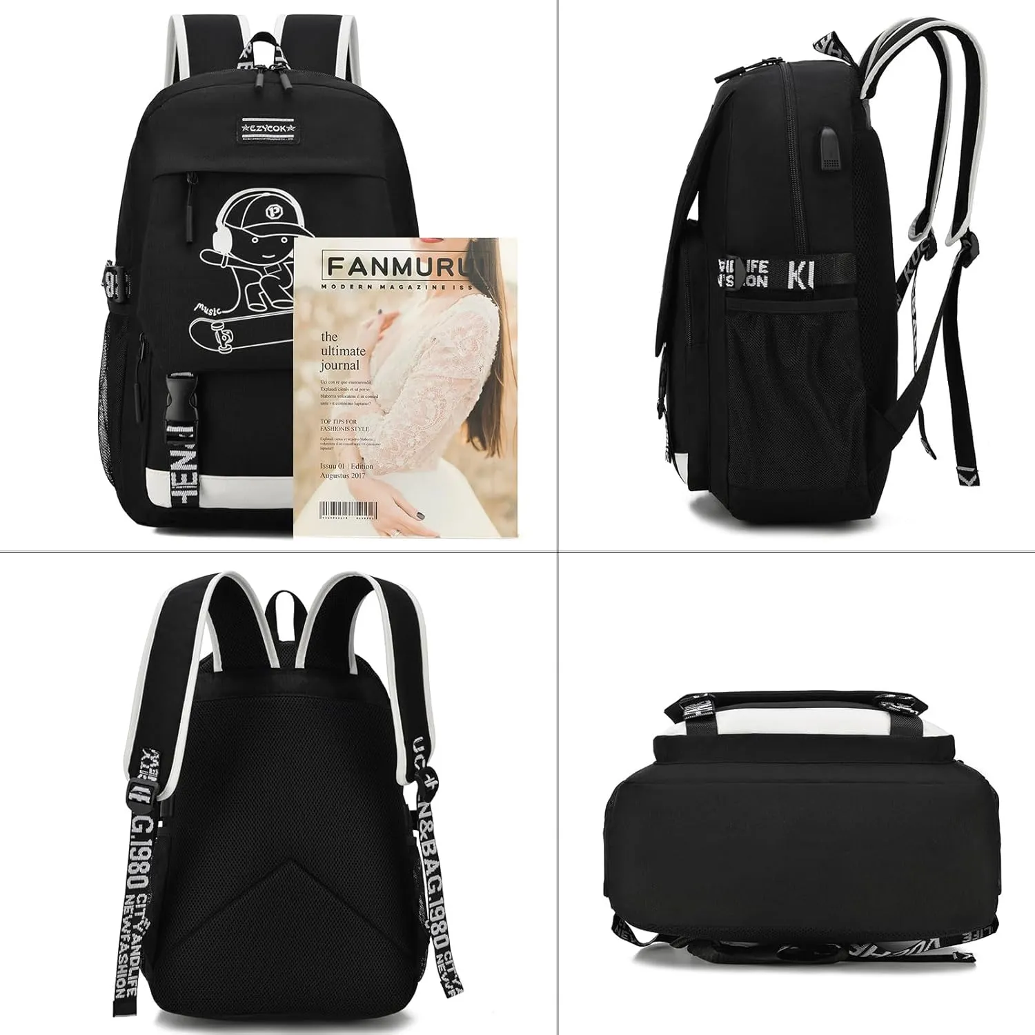 School Backpack for Boys, Water Resistant Kids Bookbag for Middle School Bags, Travel Laptop Backpack with USB Charging Port for Men Lightweight College Bookbag, Black