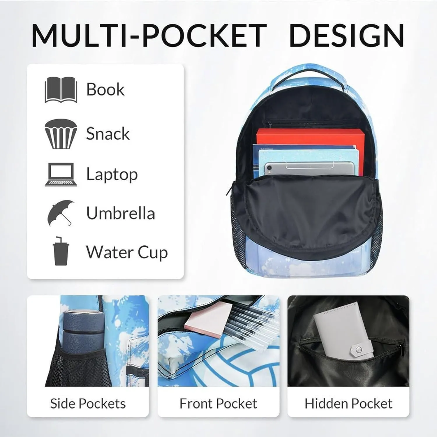 School Backpack for Girls - Custom Volleyball Bookbag - Lightweight Durable Large Capacity - 17 Inch Blue Kid Backpack for School, Travel and Camp