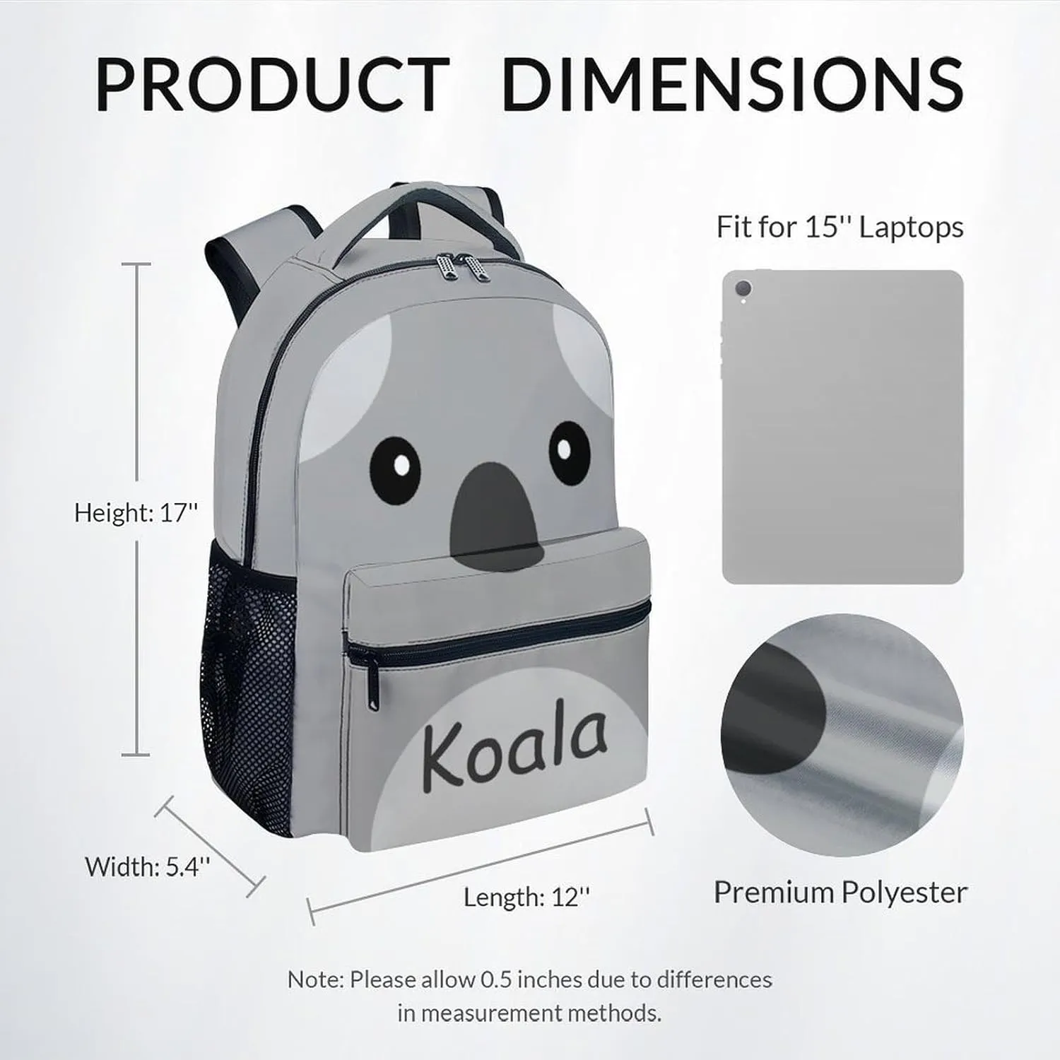School Backpack for Girls - Koala Schoolbag - Lightweight Durable Large Capacity - 17 Inch Grey Kid Backpack for School, Travel and Camp