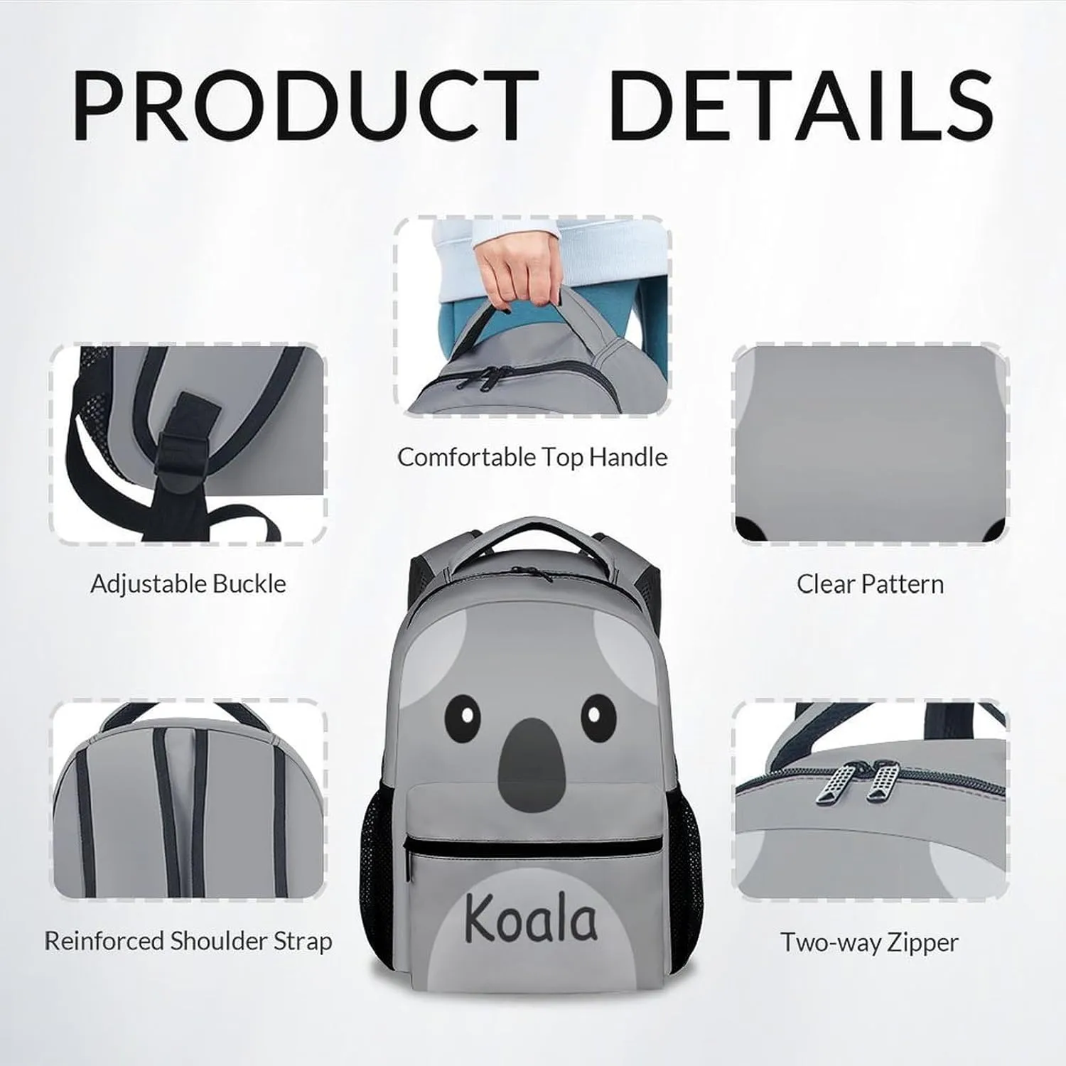 School Backpack for Girls - Koala Schoolbag - Lightweight Durable Large Capacity - 17 Inch Grey Kid Backpack for School, Travel and Camp