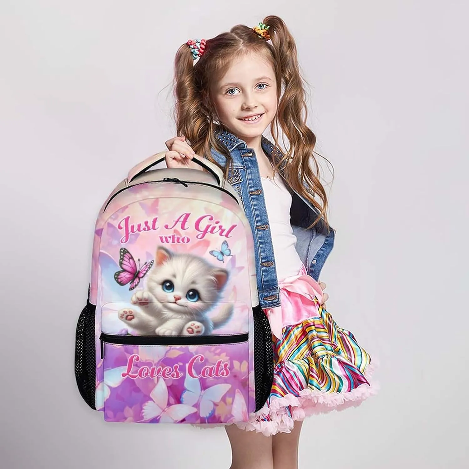 School Backpack for Kids Girls, 17 Inch Cartoon Cat Backpack for Kids Girls Age 6-8, Pink Lightweight School Bag for Preschool, Primary, Kindergarten, Back to School Gifts