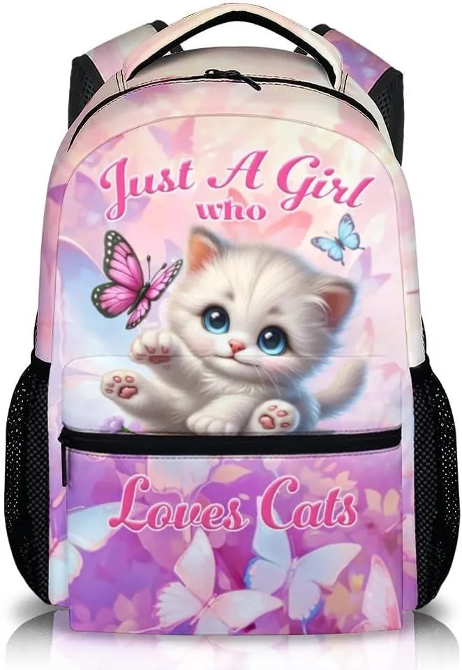 School Backpack for Kids Girls, 17 Inch Cartoon Cat Backpack for Kids Girls Age 6-8, Pink Lightweight School Bag for Preschool, Primary, Kindergarten, Back to School Gifts