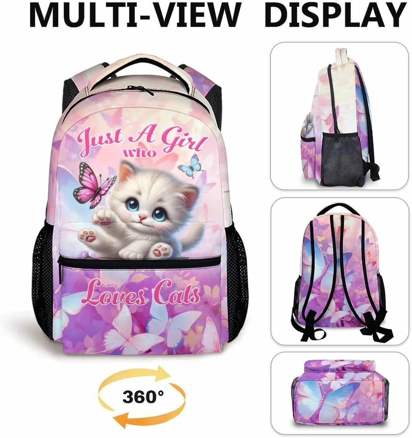 School Backpack for Kids Girls, 17 Inch Cartoon Cat Backpack for Kids Girls Age 6-8, Pink Lightweight School Bag for Preschool, Primary, Kindergarten, Back to School Gifts