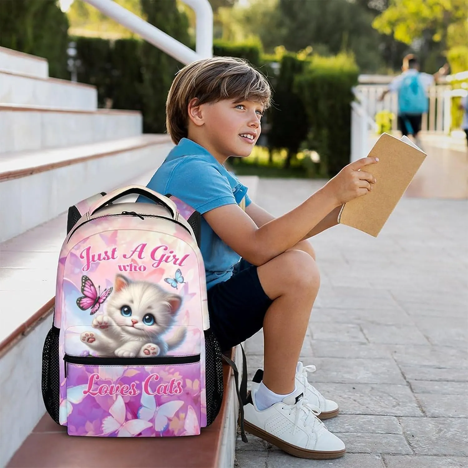 School Backpack for Kids Girls, 17 Inch Cartoon Cat Backpack for Kids Girls Age 6-8, Pink Lightweight School Bag for Preschool, Primary, Kindergarten, Back to School Gifts