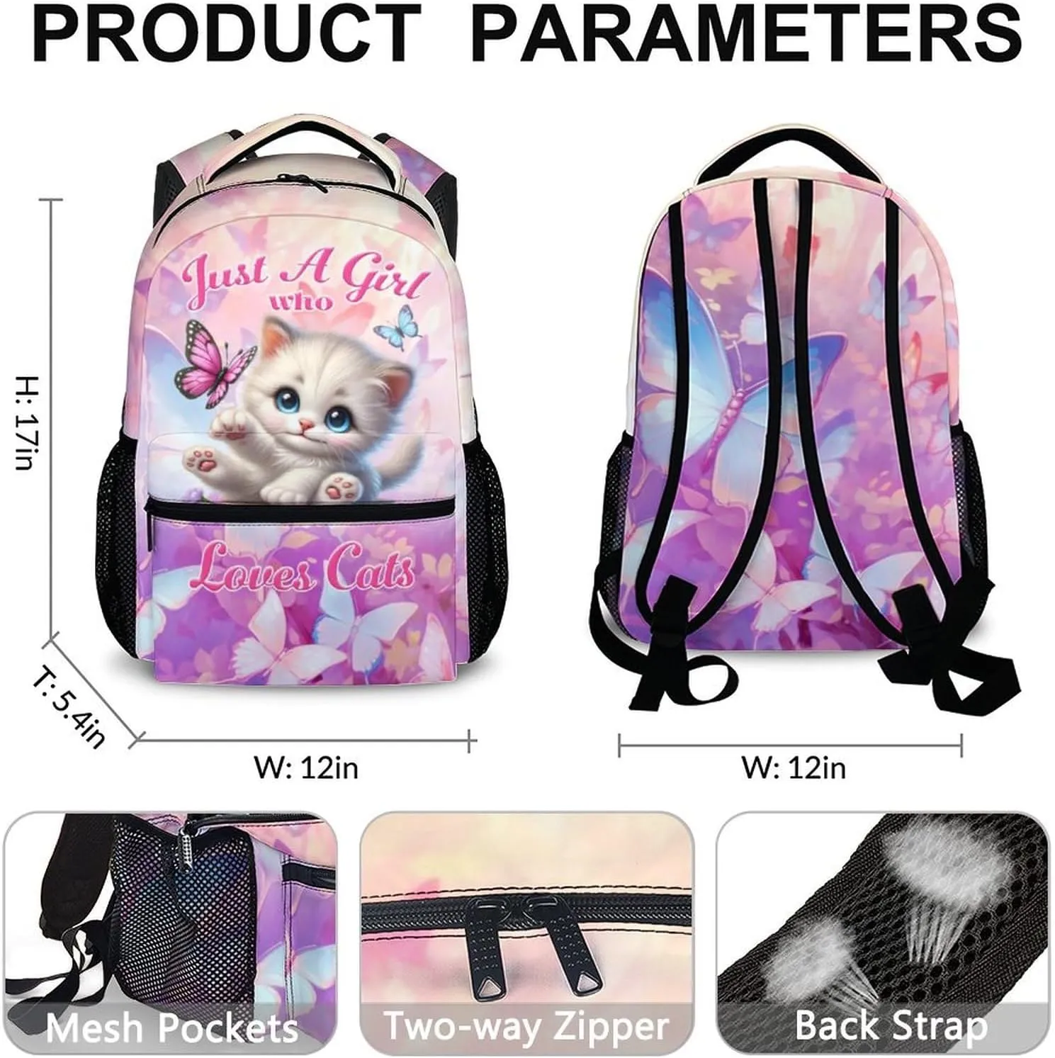 School Backpack for Kids Girls, 17 Inch Cartoon Cat Backpack for Kids Girls Age 6-8, Pink Lightweight School Bag for Preschool, Primary, Kindergarten, Back to School Gifts