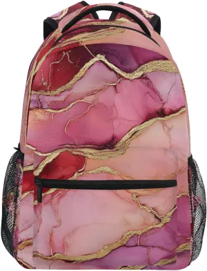 School Backpack for Unisex Adult Fashion School Bag with Chest Strap for Travel Trip Marble Burgundy
