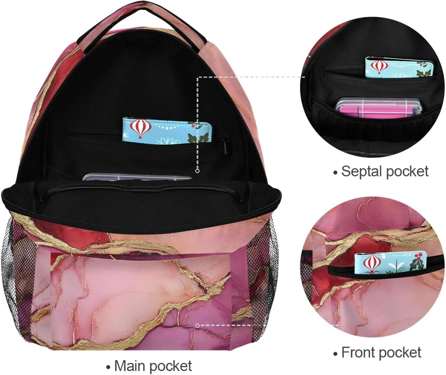 School Backpack for Unisex Adult Fashion School Bag with Chest Strap for Travel Trip Marble Burgundy