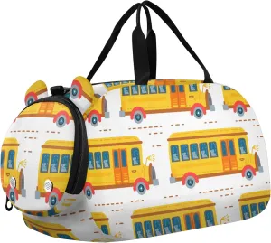 School Bus Yellow Cute Cartoon Sports Duffle Bag for Girls Boys, Gym Bag with Shoe Compartment, Kids Travel Overnight Weekender Shoulder Bag