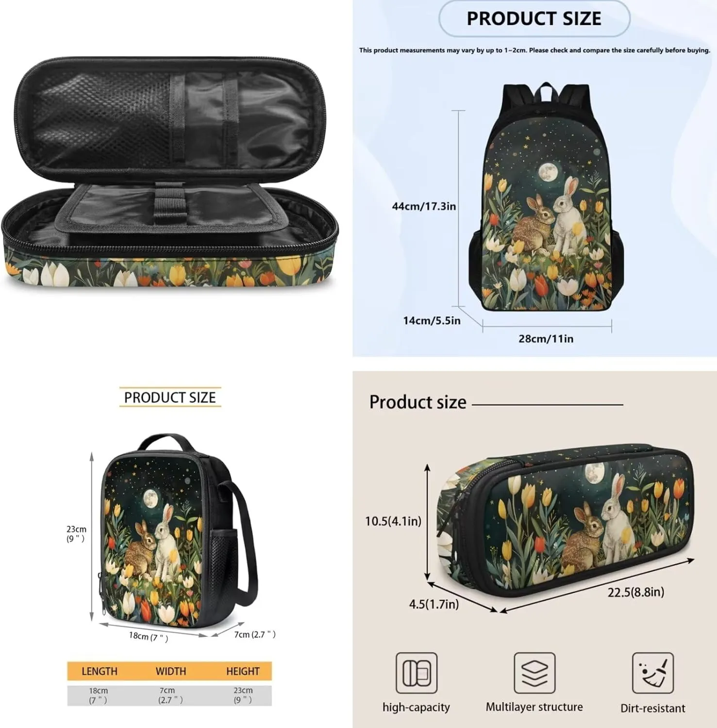 Schoolbags Set for Boys/Girls 17 In Backpack with Lunch Box & Pencil Case 3 Packs School Backpack Set for Kids Large Daypack for Travel Camping, Cartoon Bunny