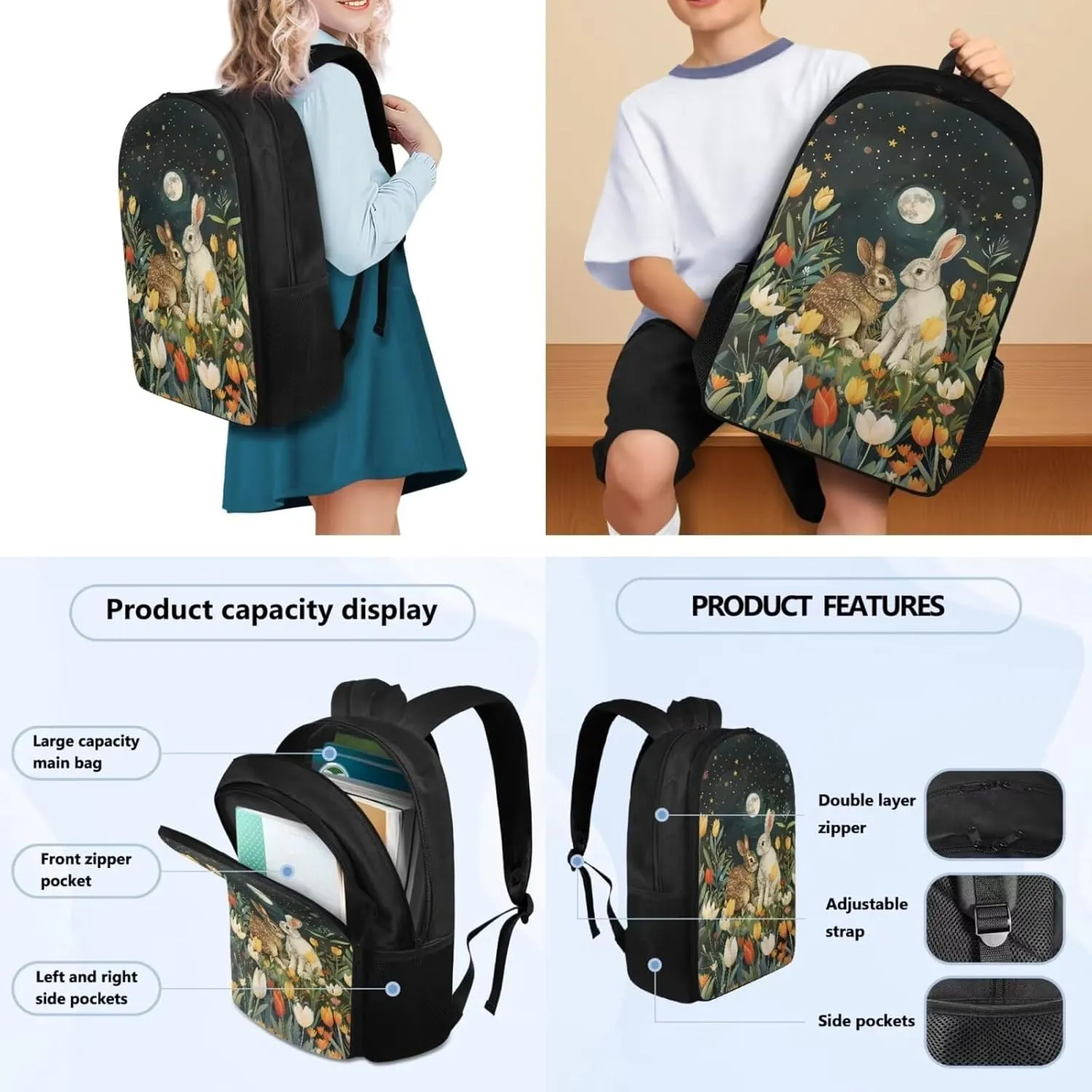 Schoolbags Set for Boys/Girls 17 In Backpack with Lunch Box & Pencil Case 3 Packs School Backpack Set for Kids Large Daypack for Travel Camping, Cartoon Bunny
