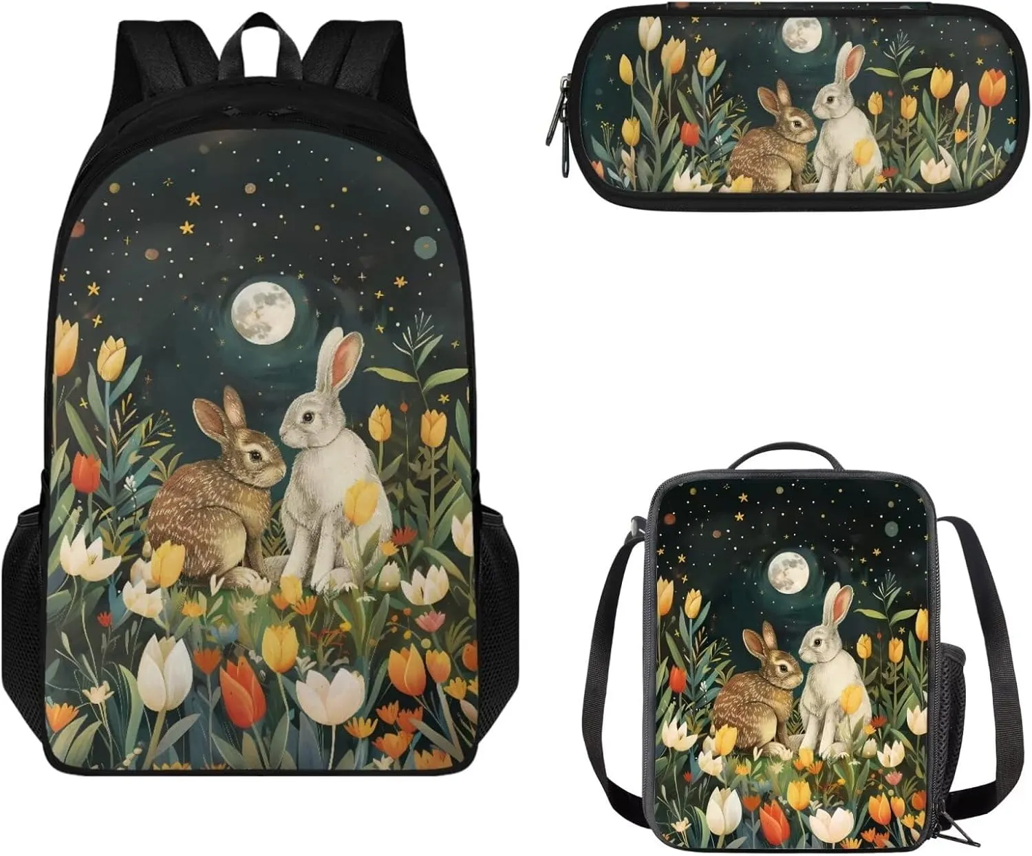 Schoolbags Set for Boys/Girls 17 In Backpack with Lunch Box & Pencil Case 3 Packs School Backpack Set for Kids Large Daypack for Travel Camping, Cartoon Bunny