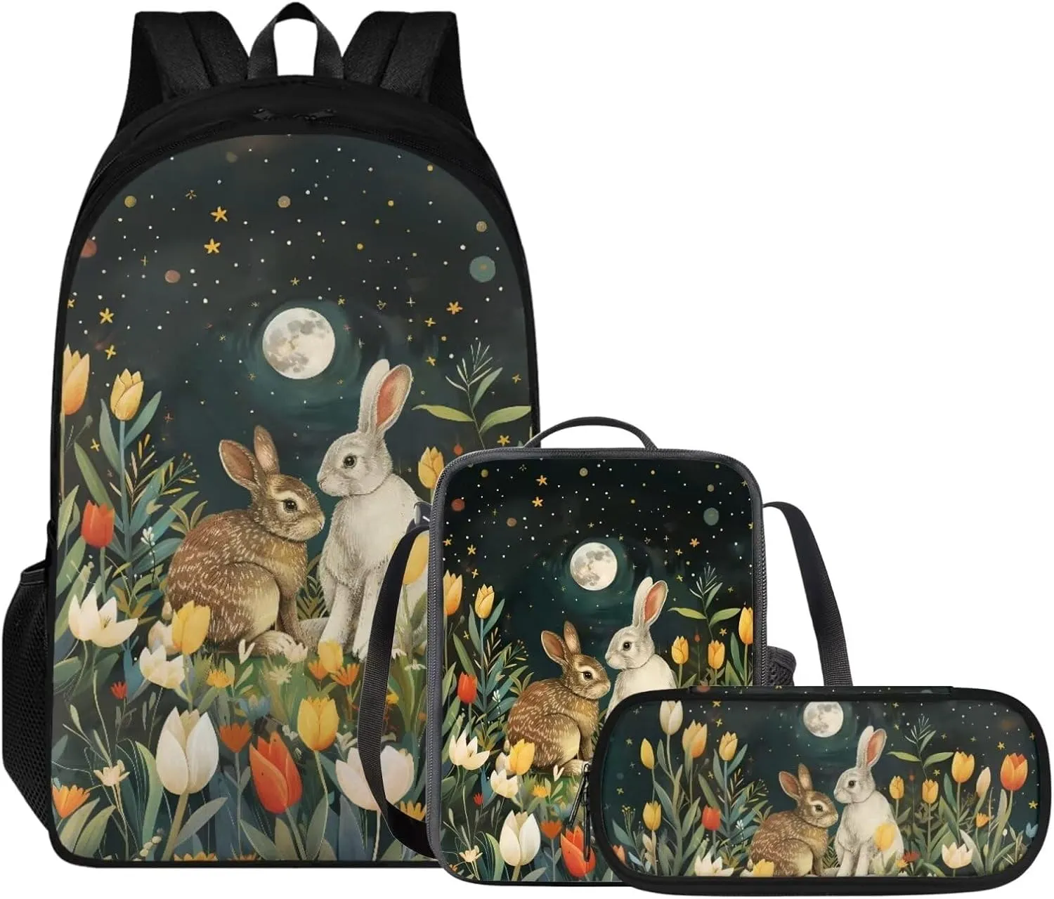 Schoolbags Set for Boys/Girls 17 In Backpack with Lunch Box & Pencil Case 3 Packs School Backpack Set for Kids Large Daypack for Travel Camping, Cartoon Bunny