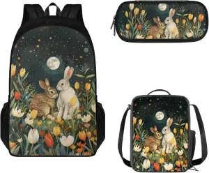 Schoolbags Set for Boys/Girls 17 In Backpack with Lunch Box & Pencil Case 3 Packs School Backpack Set for Kids Large Daypack for Travel Camping, Cartoon Bunny