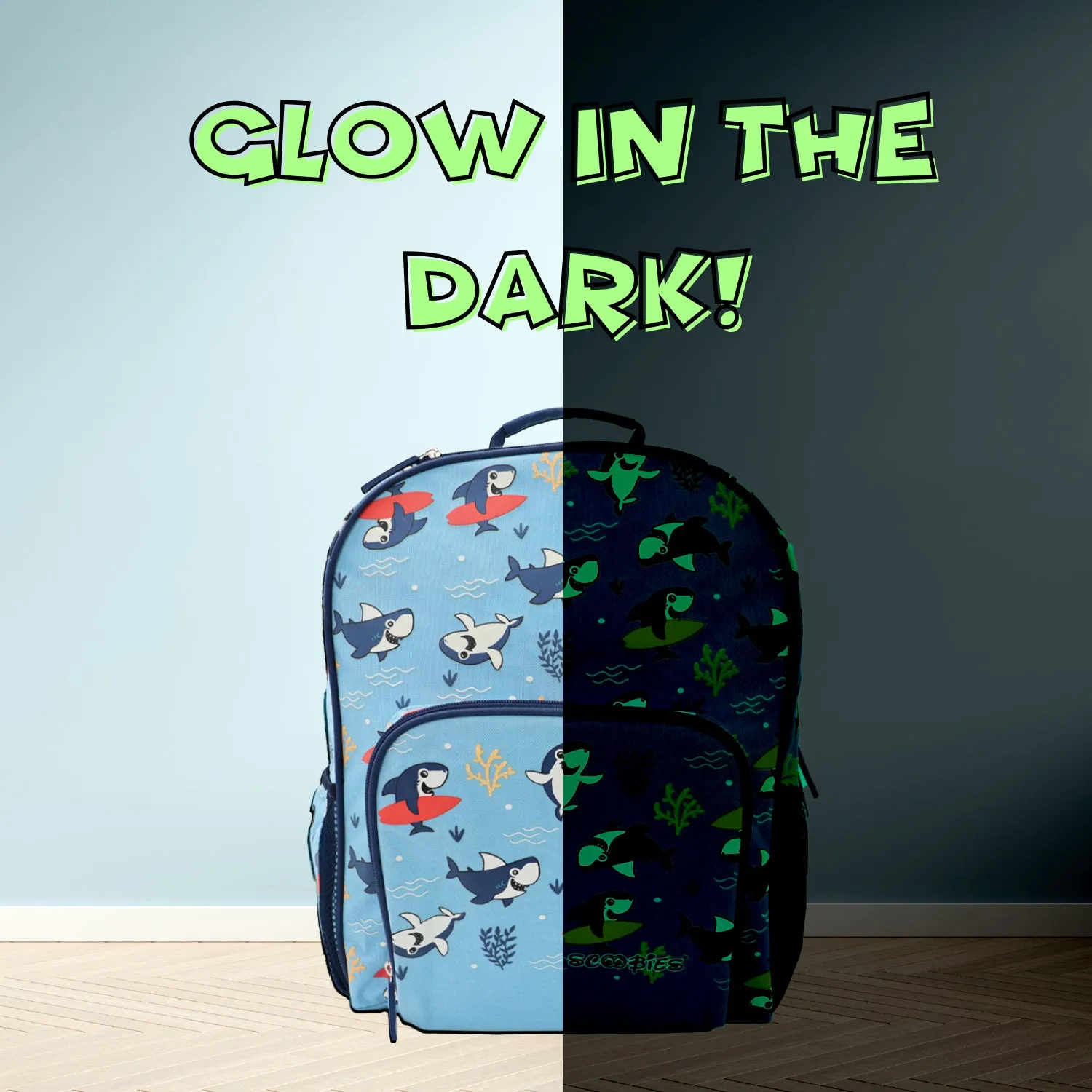 Scoobies Shark Glow-in-the-Dark Backpack 16”  Lightweight, Waterproof, Anti-Shock & Spacious