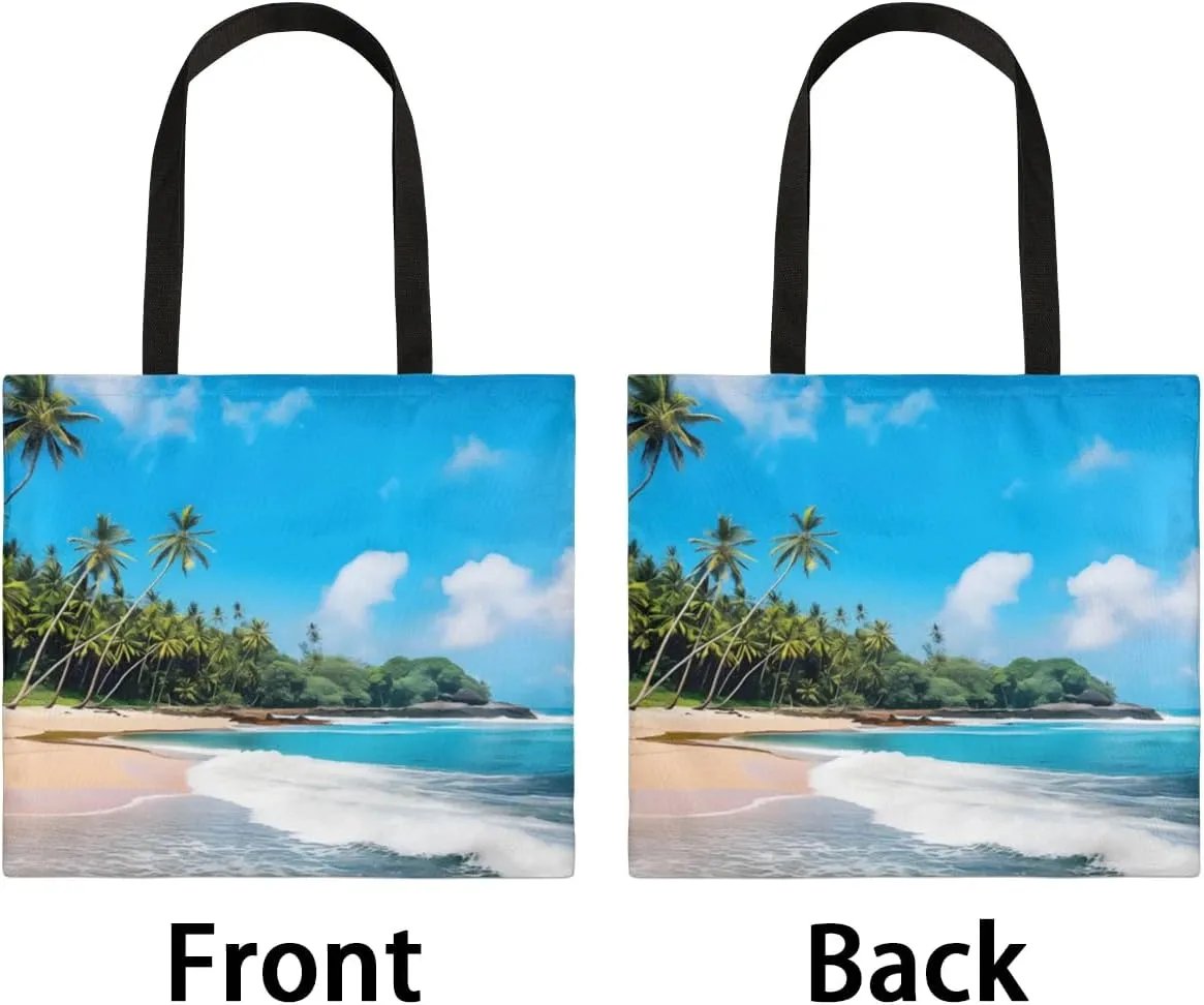 Sea Beach Trees Scenery Canvas Tote Bag for Women Men Stylish Tote Handbag Shoulder Bag Reusable Grocery Bag