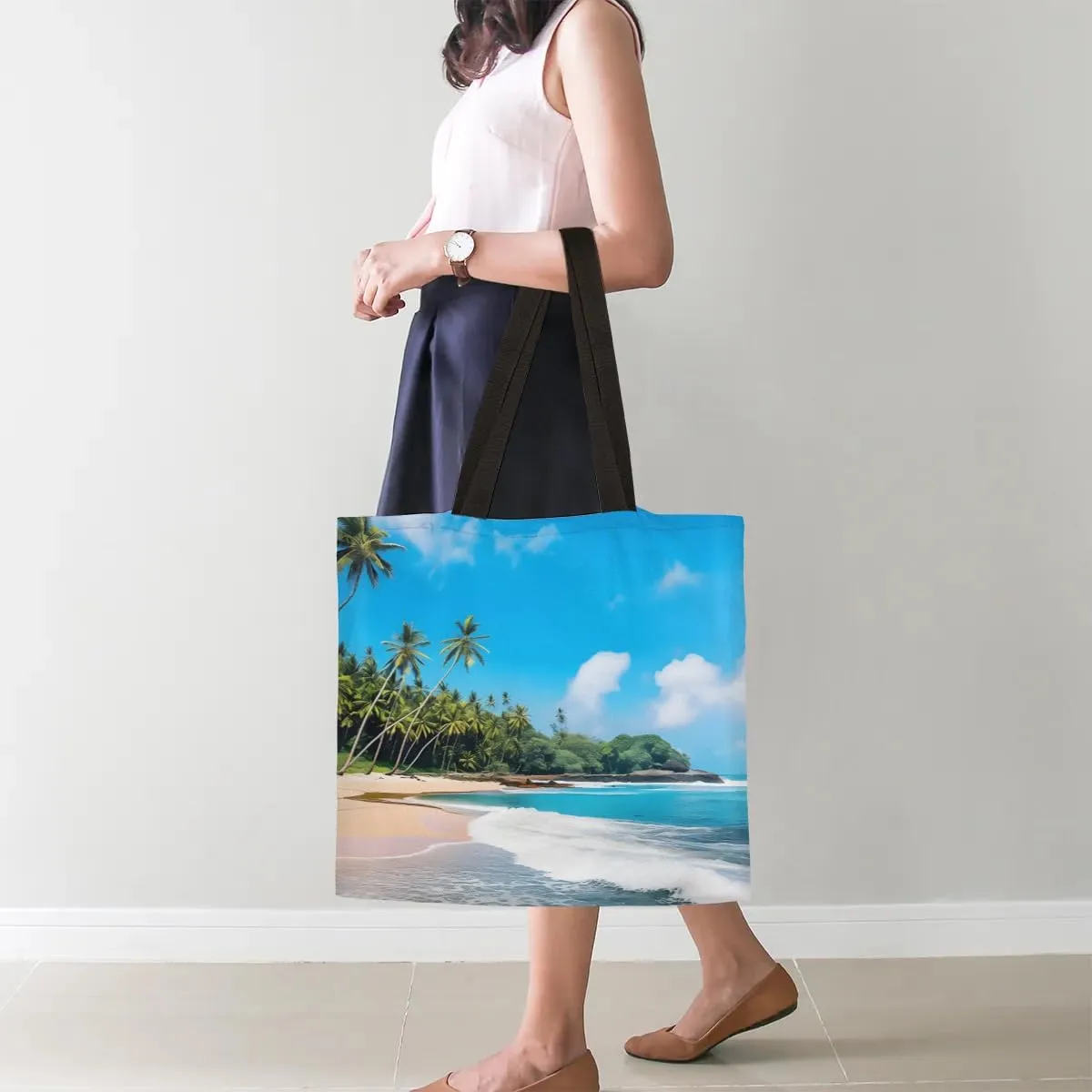 Sea Beach Trees Scenery Canvas Tote Bag for Women Men Stylish Tote Handbag Shoulder Bag Reusable Grocery Bag