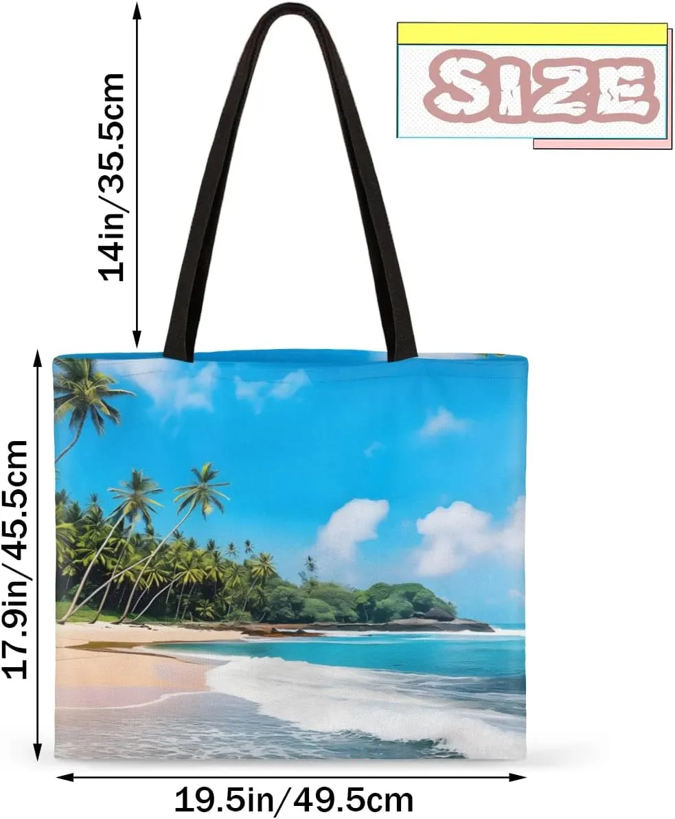 Sea Beach Trees Scenery Canvas Tote Bag for Women Men Stylish Tote Handbag Shoulder Bag Reusable Grocery Bag