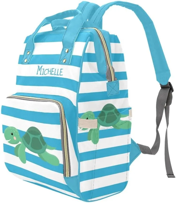 Sea Turtle Blue Stripes Personalized Diaper Backpack Custom Name Multi Function Diaper Bag Travel Daypack Nursing Nappy Baby Bag
