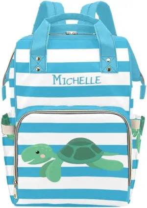 Sea Turtle Blue Stripes Personalized Diaper Backpack Custom Name Multi Function Diaper Bag Travel Daypack Nursing Nappy Baby Bag