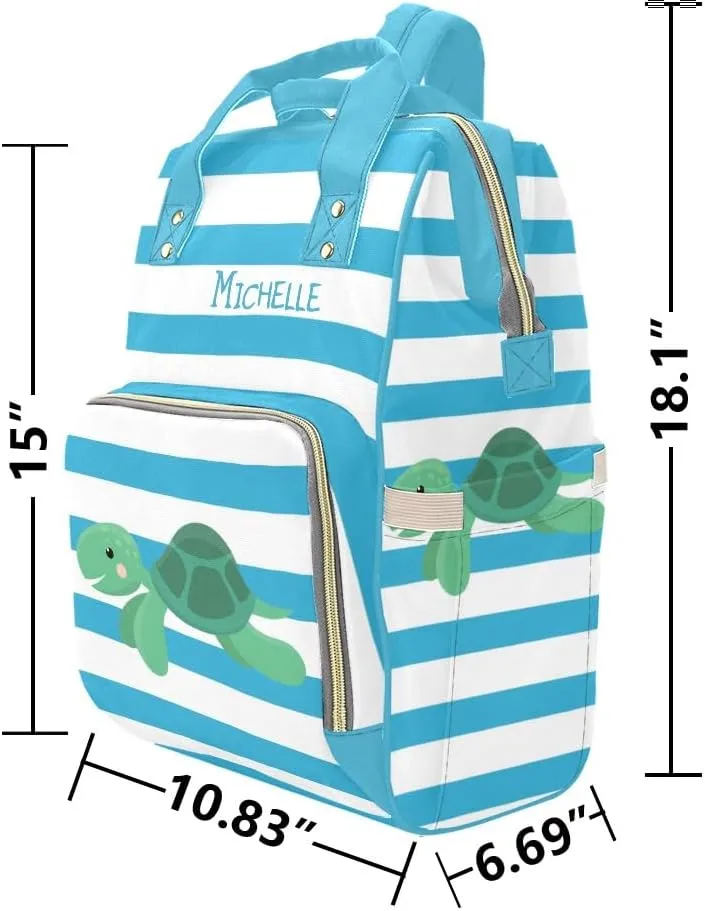 Sea Turtle Blue Stripes Personalized Diaper Backpack Custom Name Multi Function Diaper Bag Travel Daypack Nursing Nappy Baby Bag