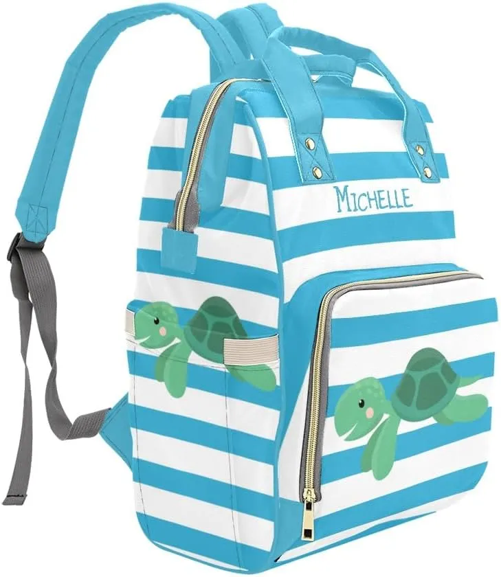 Sea Turtle Blue Stripes Personalized Diaper Backpack Custom Name Multi Function Diaper Bag Travel Daypack Nursing Nappy Baby Bag