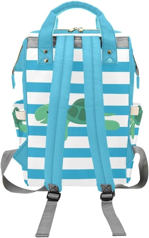 Sea Turtle Blue Stripes Personalized Diaper Backpack Custom Name Multi Function Diaper Bag Travel Daypack Nursing Nappy Baby Bag