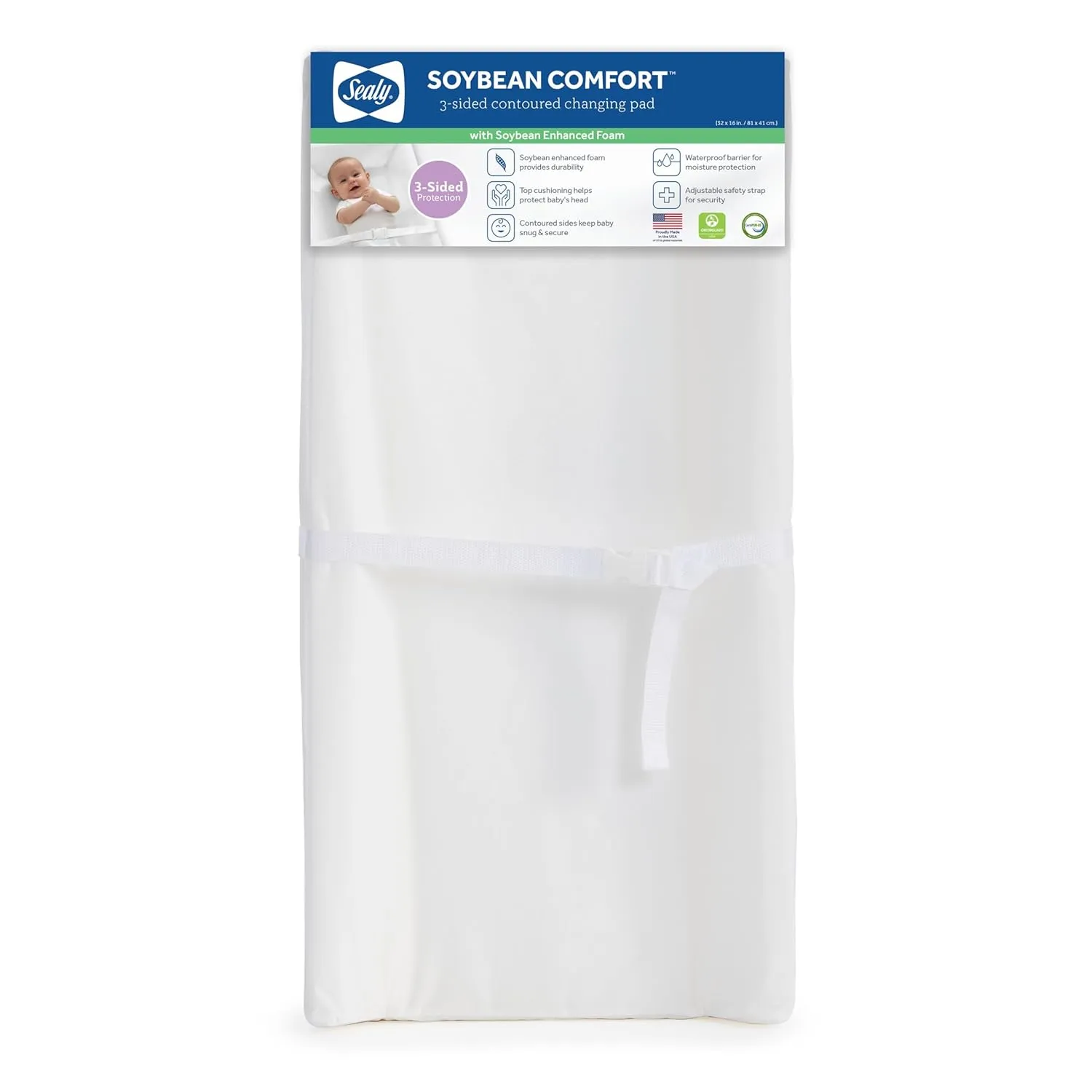 Sealy Baby Soybean Comfort Waterproof 3-Sided Contoured Wipeable Diaper Changing Pad for Dresser or Table, Durable Easy to Clean Surface & Foam, Made in USA, White, 32 x 16'