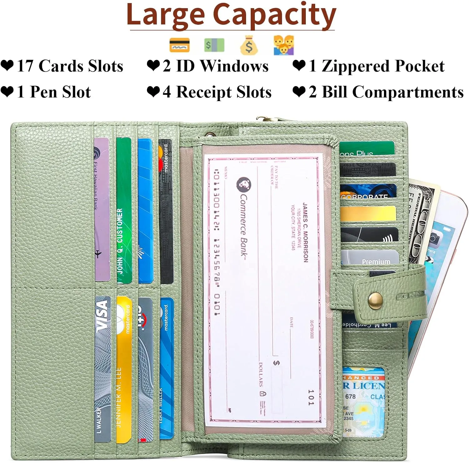SENDEFN Women's Wallet Large Capacity RFID Blocking Leather Wallets Credit Cards Organizer with Checkbook Holder