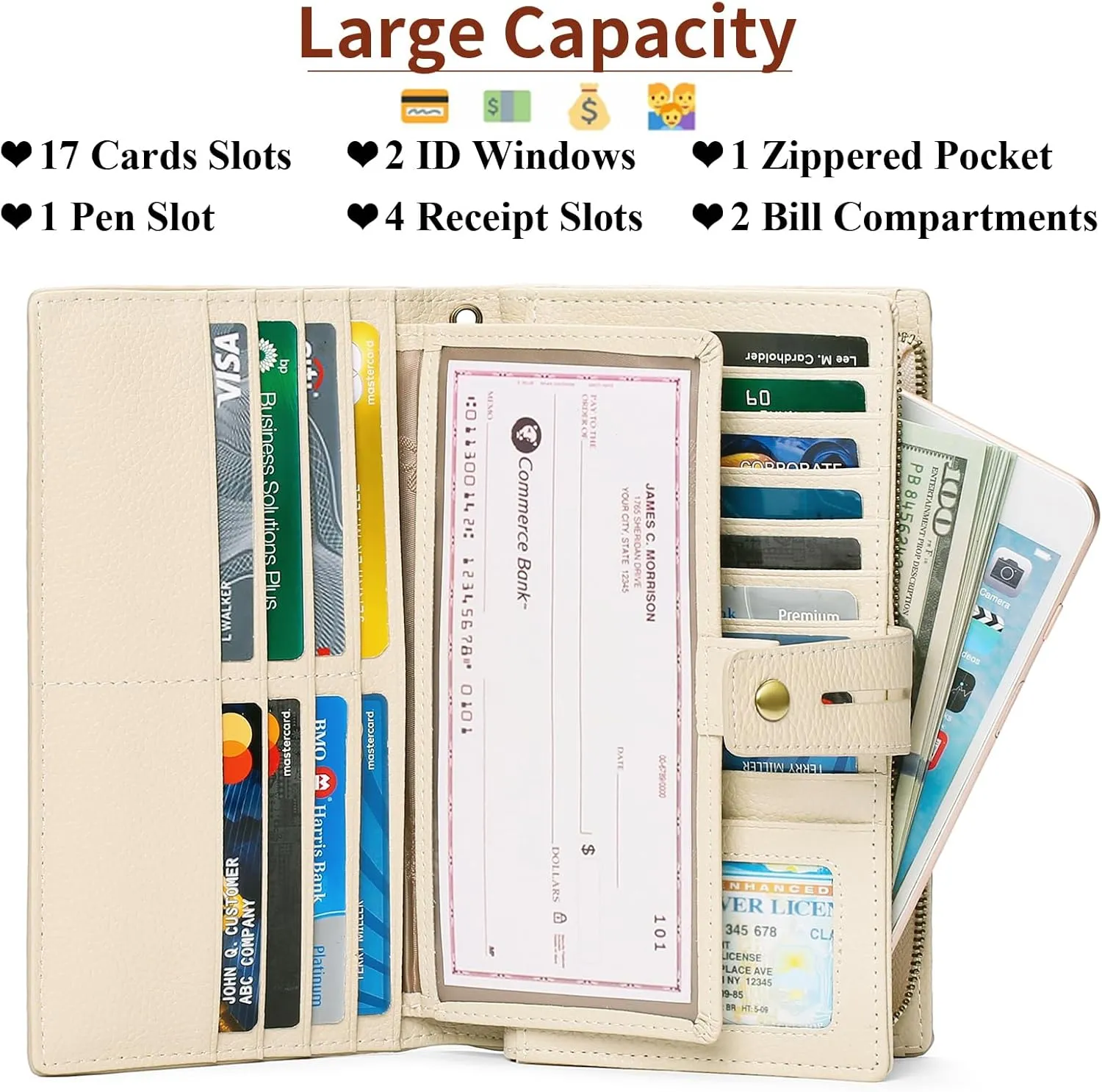 SENDEFN Women's Wallet Large Capacity RFID Blocking Leather Wallets Credit Cards Organizer with Checkbook Holder