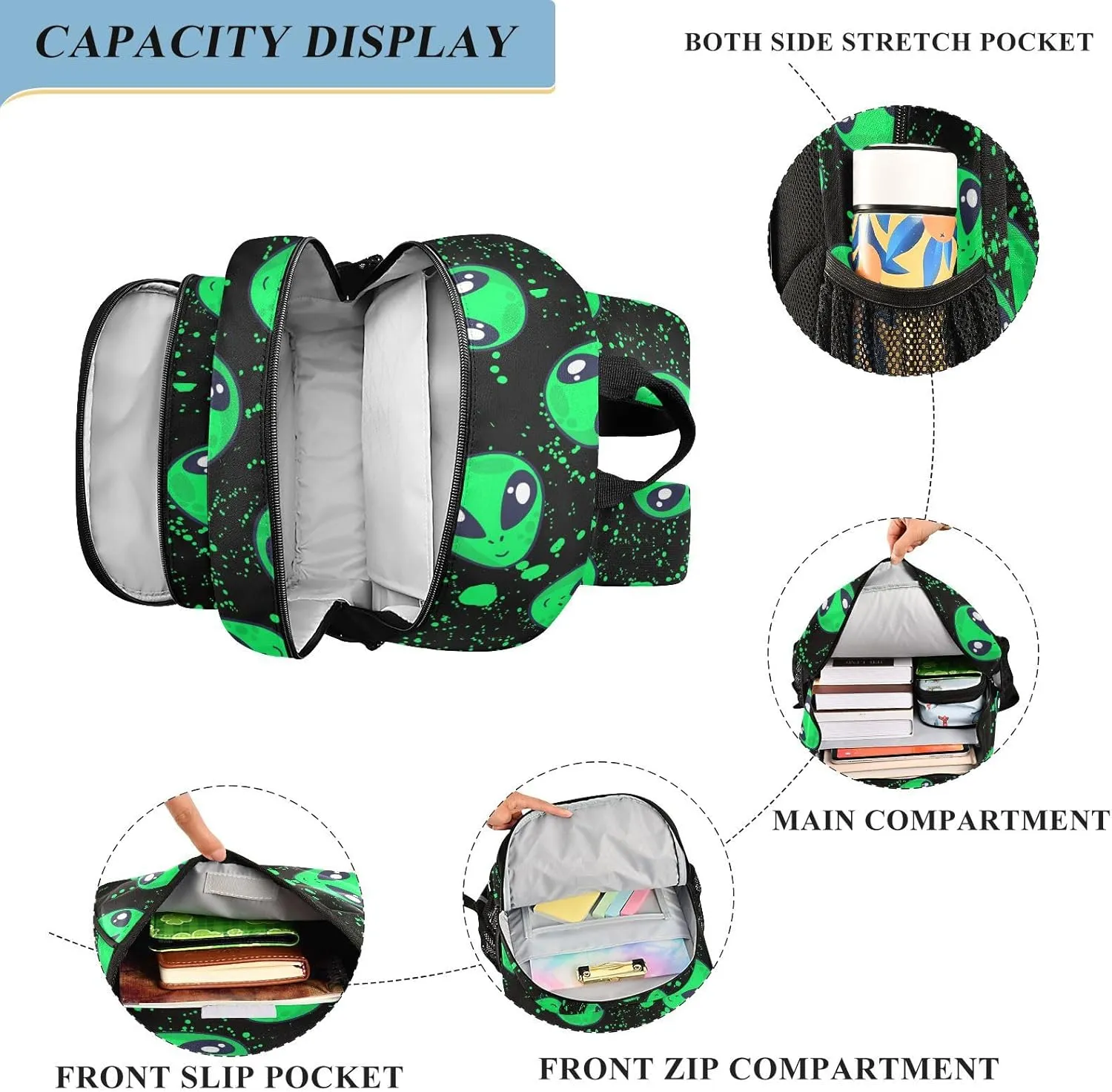 senya Backpack for Boys Girls, Alien Space Doodle Fun Backpack Students Bookbag Daypack for School Primary Teens