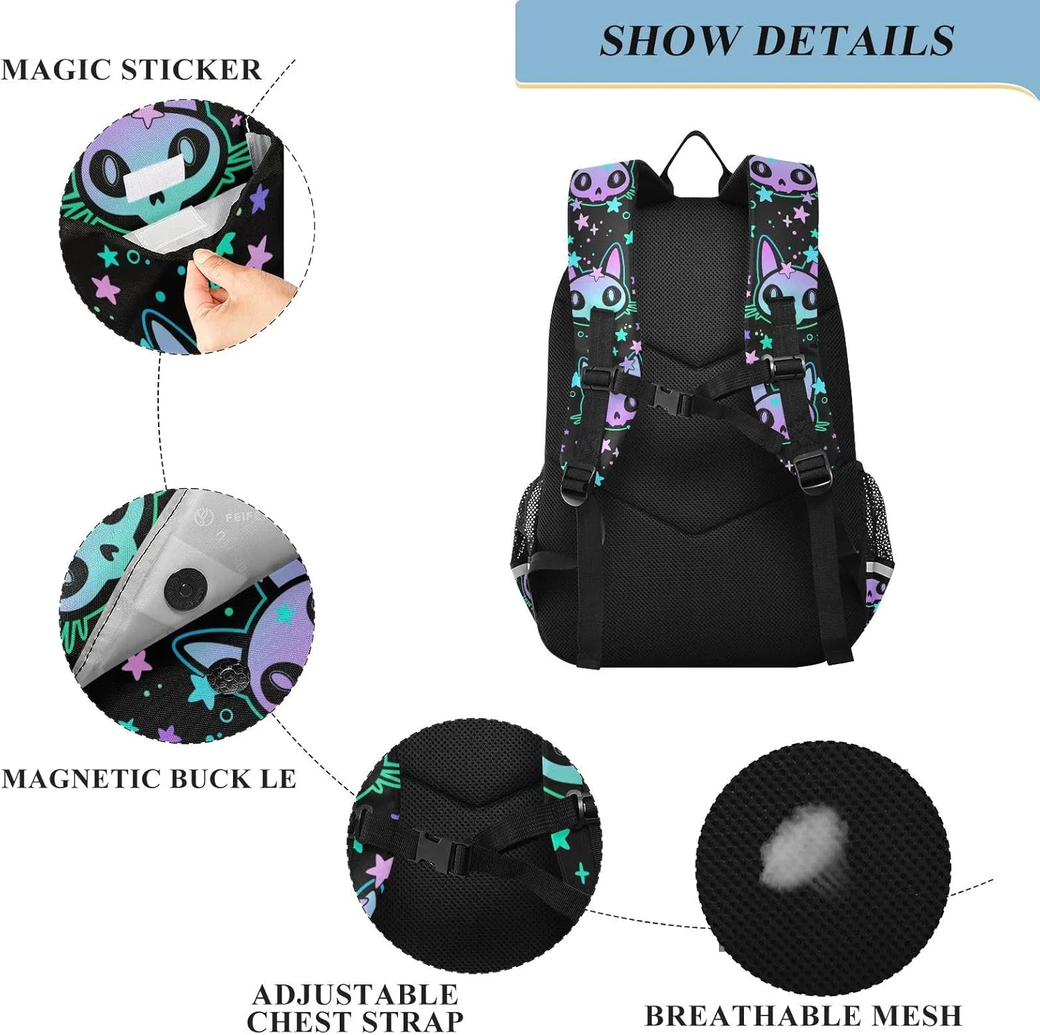 senya Backpack for Boys Girls, Cat Skull with Stars Backpack Students Bookbag Daypack for School Primary Teens
