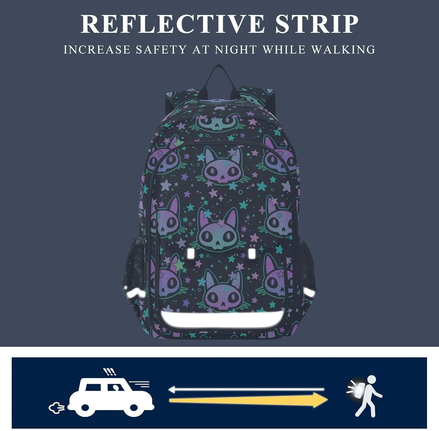 senya Backpack for Boys Girls, Cat Skull with Stars Backpack Students Bookbag Daypack for School Primary Teens