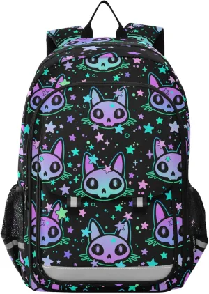 senya Backpack for Boys Girls, Cat Skull with Stars Backpack Students Bookbag Daypack for School Primary Teens