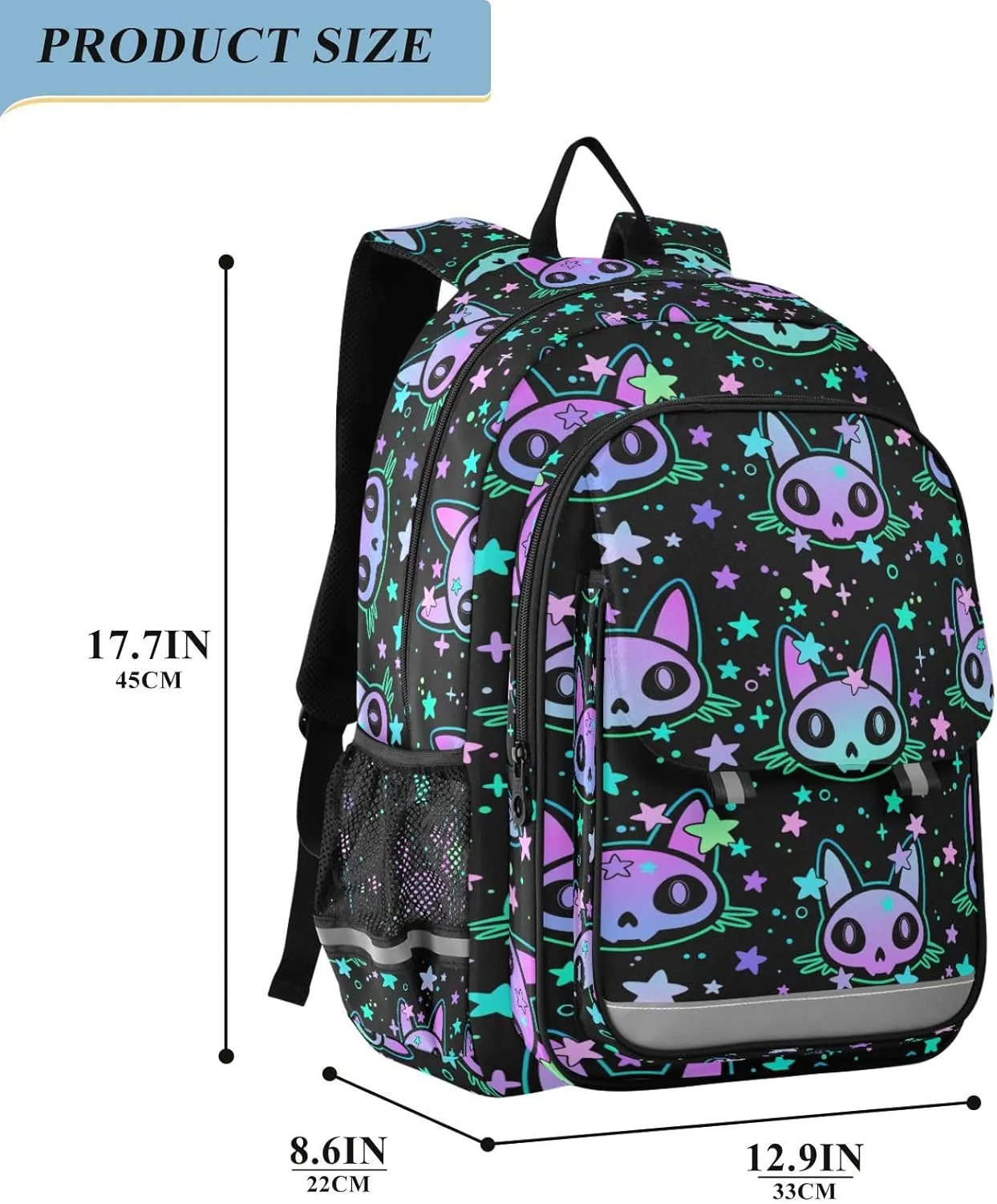 senya Backpack for Boys Girls, Cat Skull with Stars Backpack Students Bookbag Daypack for School Primary Teens