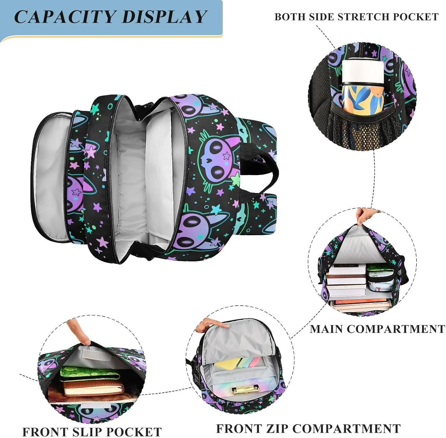 senya Backpack for Boys Girls, Cat Skull with Stars Backpack Students Bookbag Daypack for School Primary Teens