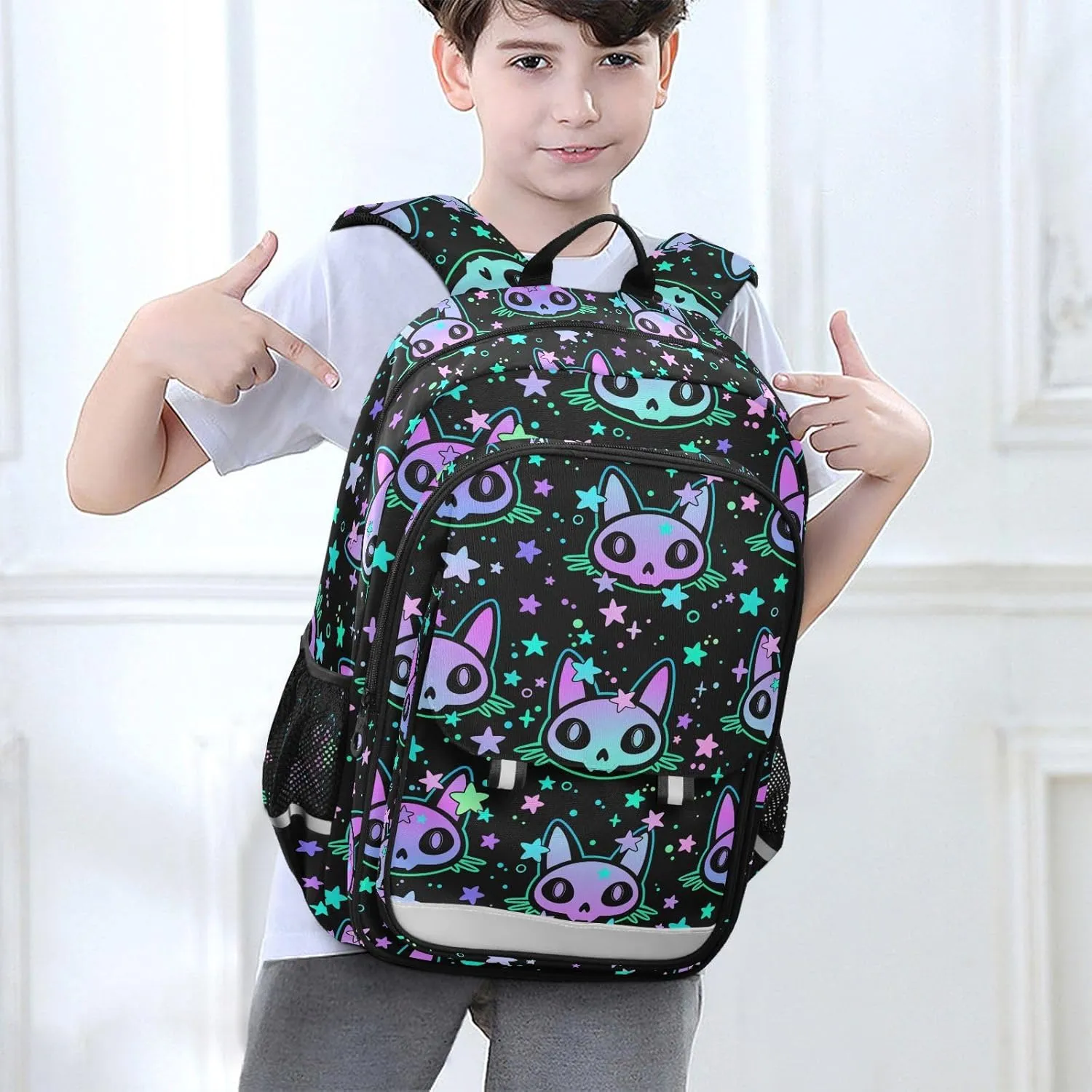 senya Backpack for Boys Girls, Cat Skull with Stars Backpack Students Bookbag Daypack for School Primary Teens