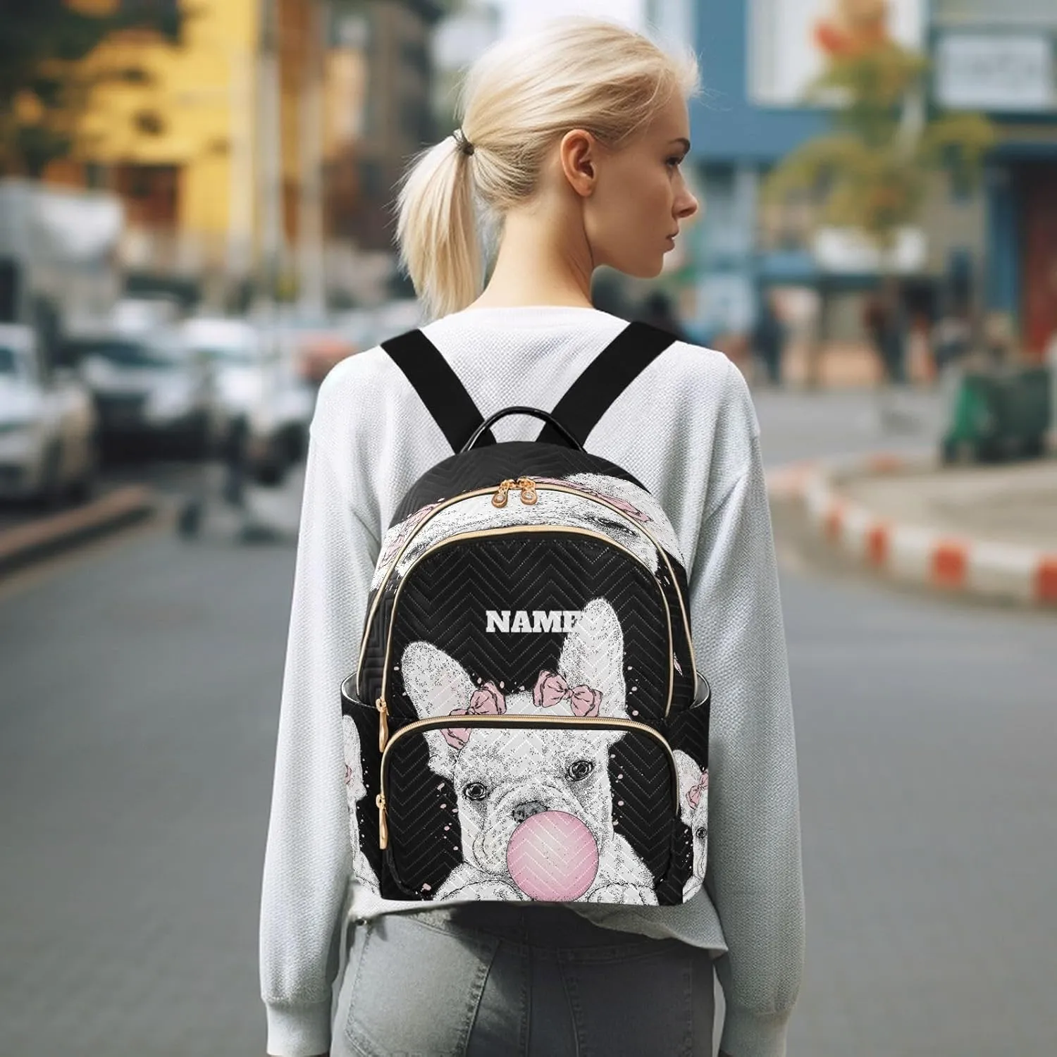 senya Custom Name Fashion Backpack Mini Backpack Purse Casual Daily Backpack Cute French Bulldog for Travel for College Work, Medium