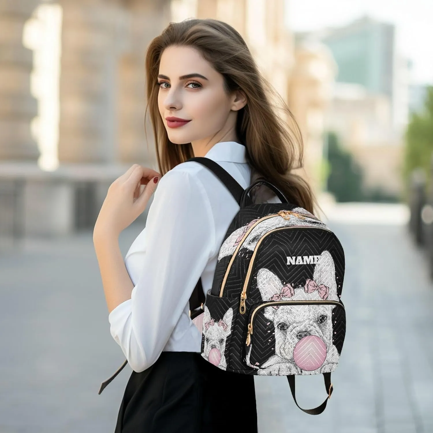 senya Custom Name Fashion Backpack Mini Backpack Purse Casual Daily Backpack Cute French Bulldog for Travel for College Work, Medium