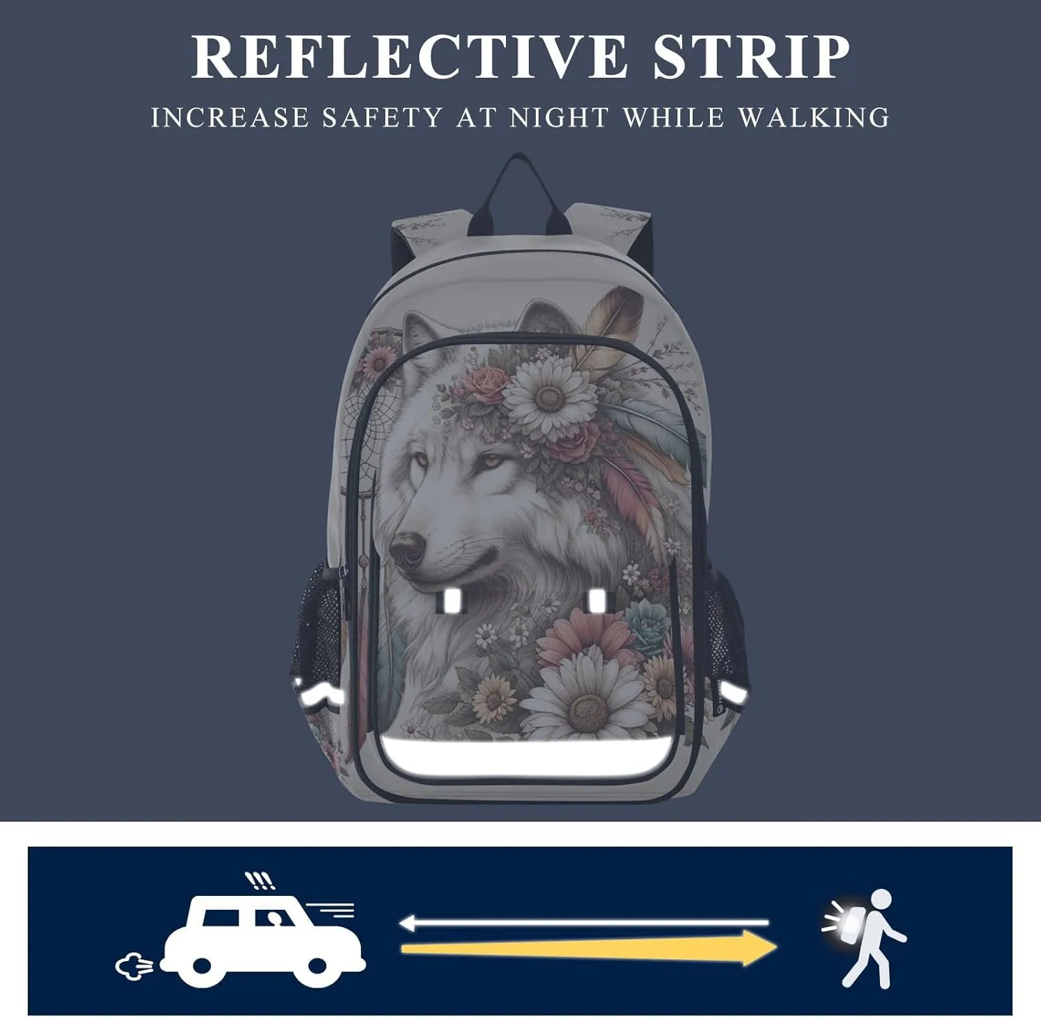 senya Wolf Backpack for Boys Girls, Flower Dreamcatcher Wolf Backpack Students Bookbag Daypack for School Primary Teens, A01E23034