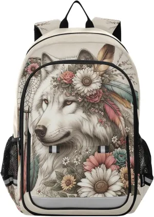 senya Wolf Backpack for Boys Girls, Flower Dreamcatcher Wolf Backpack Students Bookbag Daypack for School Primary Teens, A01E23034