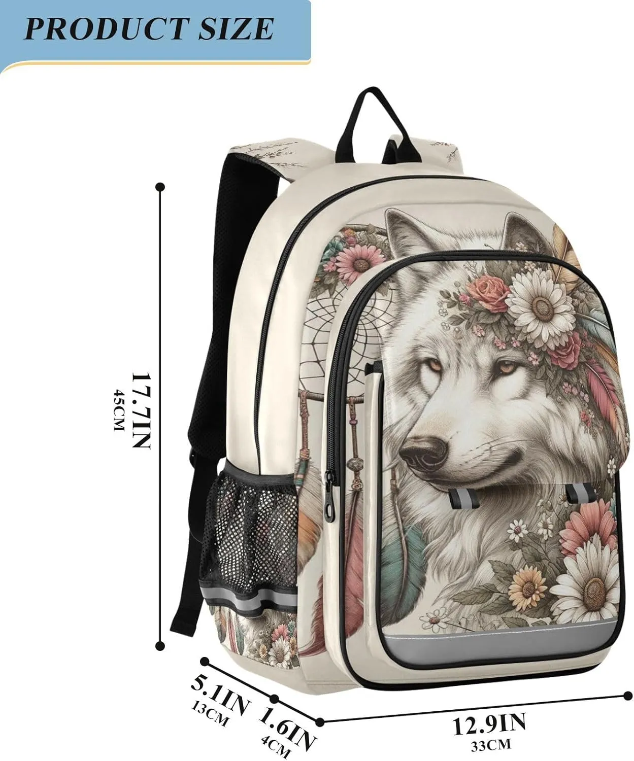 senya Wolf Backpack for Boys Girls, Flower Dreamcatcher Wolf Backpack Students Bookbag Daypack for School Primary Teens, A01E23034