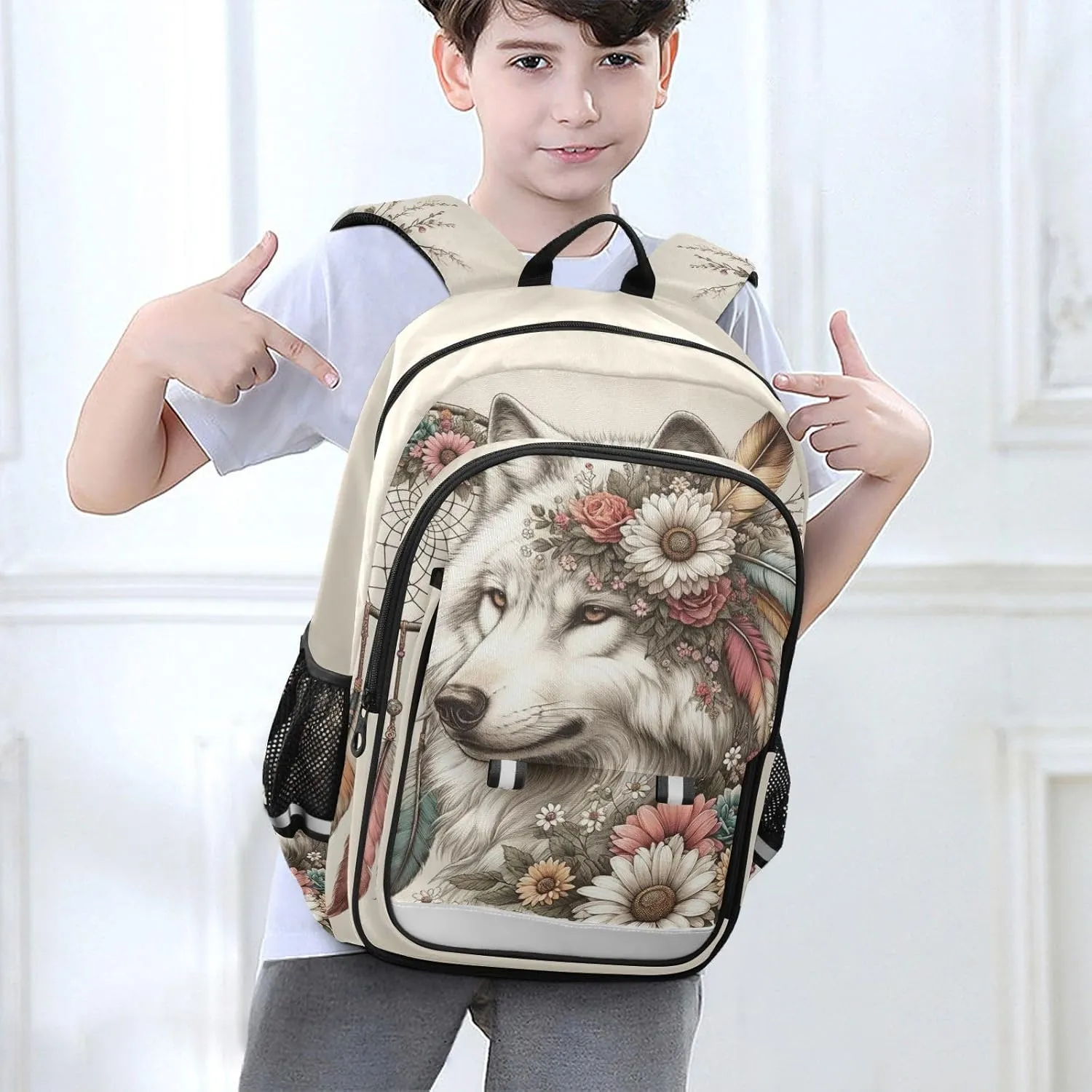 senya Wolf Backpack for Boys Girls, Flower Dreamcatcher Wolf Backpack Students Bookbag Daypack for School Primary Teens, A01E23034