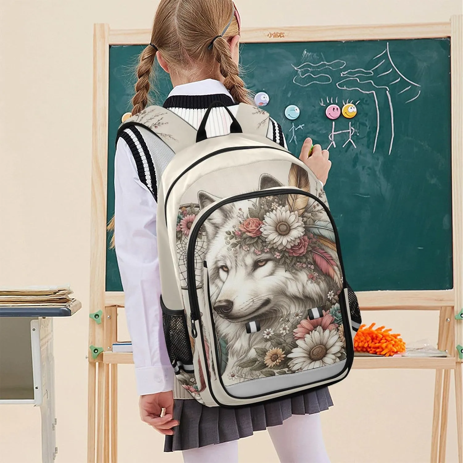 senya Wolf Backpack for Boys Girls, Flower Dreamcatcher Wolf Backpack Students Bookbag Daypack for School Primary Teens, A01E23034