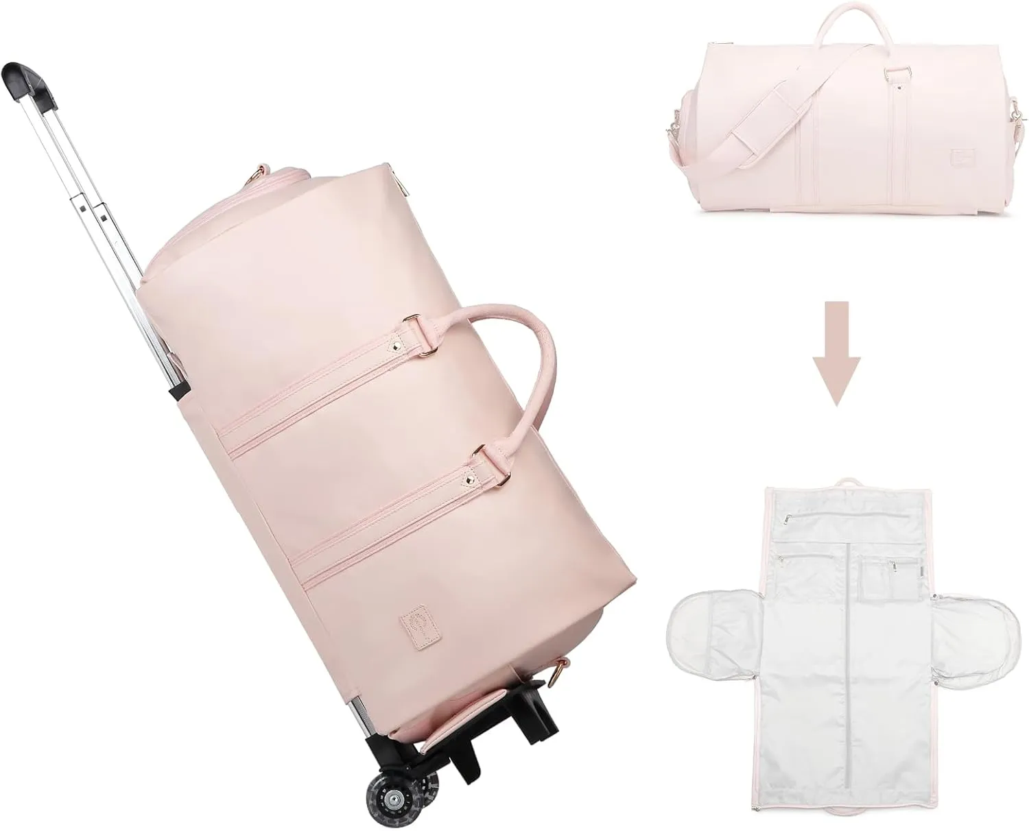 seyfocnia Rolling Garment Bag,Convertible Wheeled Garment Bag with Shoe Compartment for Travel Overnight Carry On Duffle Bag-Pink