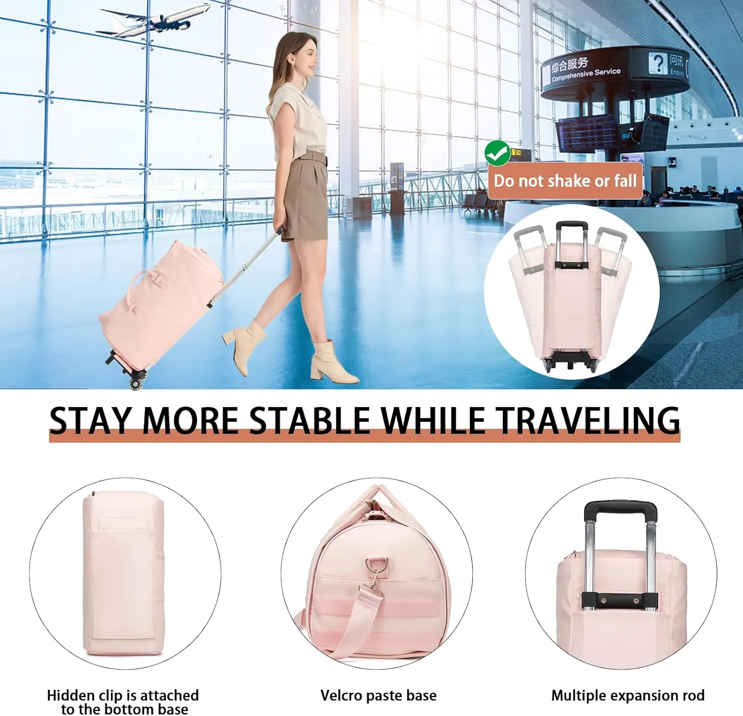 seyfocnia Rolling Garment Bag,Convertible Wheeled Garment Bag with Shoe Compartment for Travel Overnight Carry On Duffle Bag-Pink