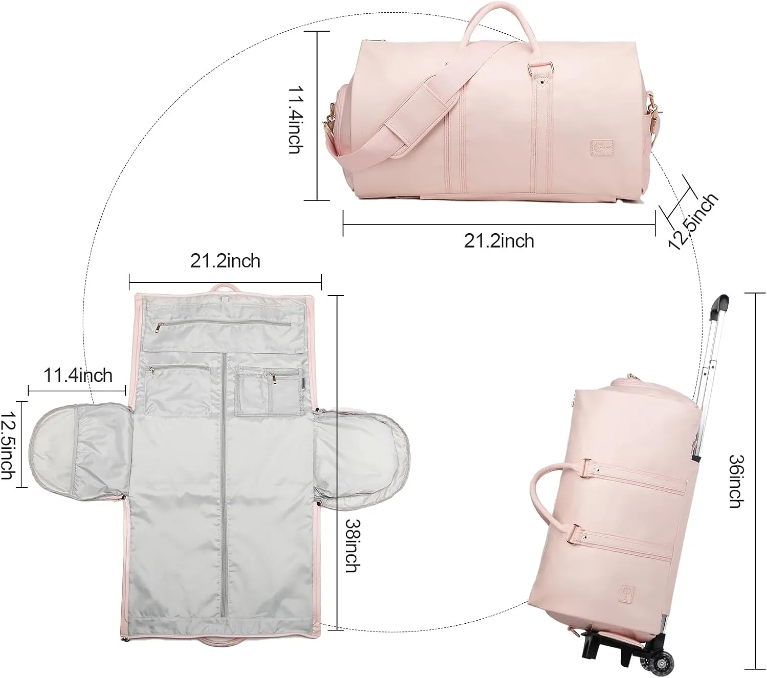 seyfocnia Rolling Garment Bag,Convertible Wheeled Garment Bag with Shoe Compartment for Travel Overnight Carry On Duffle Bag-Pink
