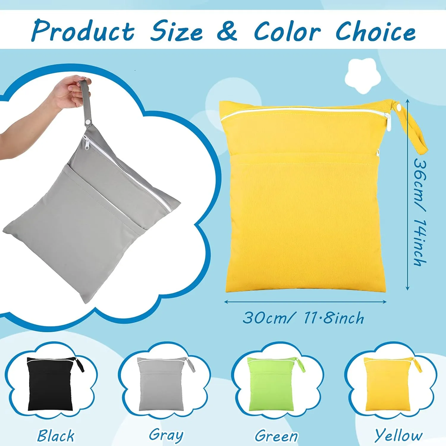 Shappy 4 Pcs Wet Dry Bag for Baby Cloth Diapers Waterproof Wet Bag Washable Travel Reusable with 2 Pocket for Travel Beach Pool(Gray, Green, Black, Yellow)