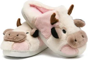 sharllen Fuzzy Cow Slippers for Kids Cute Fluffy Cow Kids House Slippers Toddler Girls Boys Animal Cartoon House Shoes for Indoor Outdoor